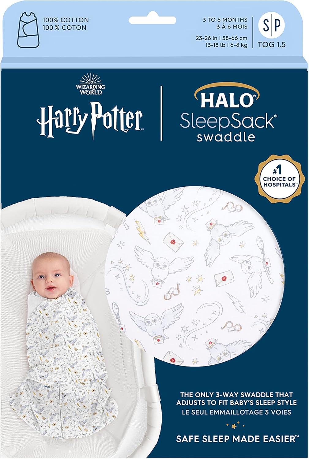 HALO Harry Potter 100% Cotton Sleepsack Swaddle, 3-Way Adjustable Wearable Blanket, TOG 1.5, Harry Potter Messenger, Newborn, 0-3 Months