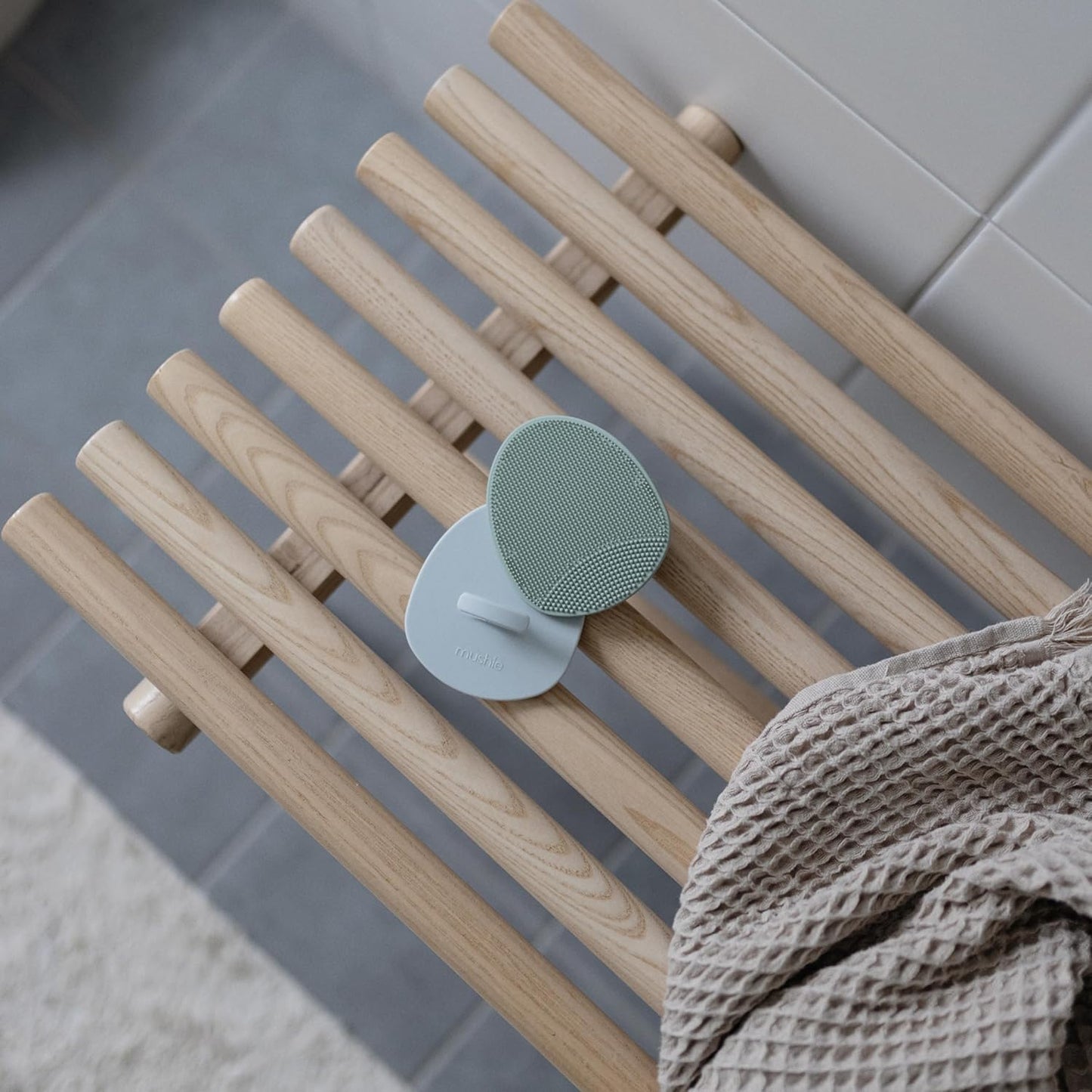 mushie Baby Bath Cradle Cap Brush | Soft Silicone Bristles for Dry Skin, Eczema, & Cradle Cap Treatment | 2-Pack (Natural/Cambridge Blue)