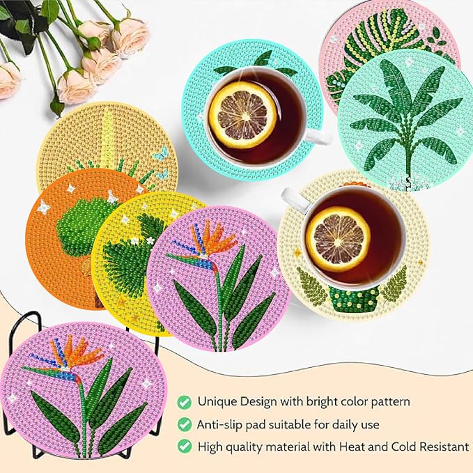 Clendo 8 Pcs Green Plants Diamond Painting Coasters Kits