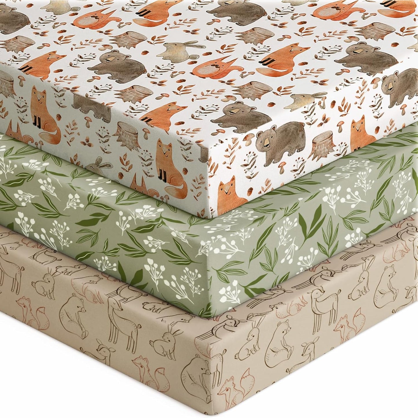 Baby Crib Sheets for Boys Girls, 28x52x8in Fitted Crib Sheet Neutral 3 Pack for Standard Crib and Toddler Mattress, Breathable Soft Microfiber Baby Sheet Green & Brown Fox