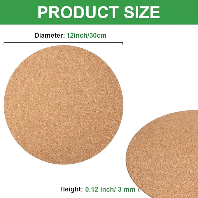 Boao 2 Pcs 12 Inch Large Cork Plant Coaster Round Cork Mat Trivet Absorbent