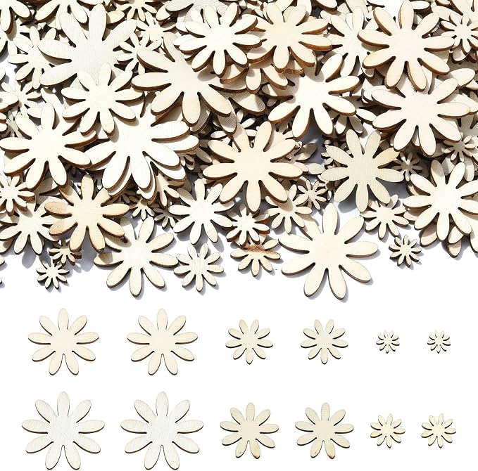 300 Pcs 6 Styles Wooden Flower Cutouts Unfinished Floral Wood Hanging Ornaments