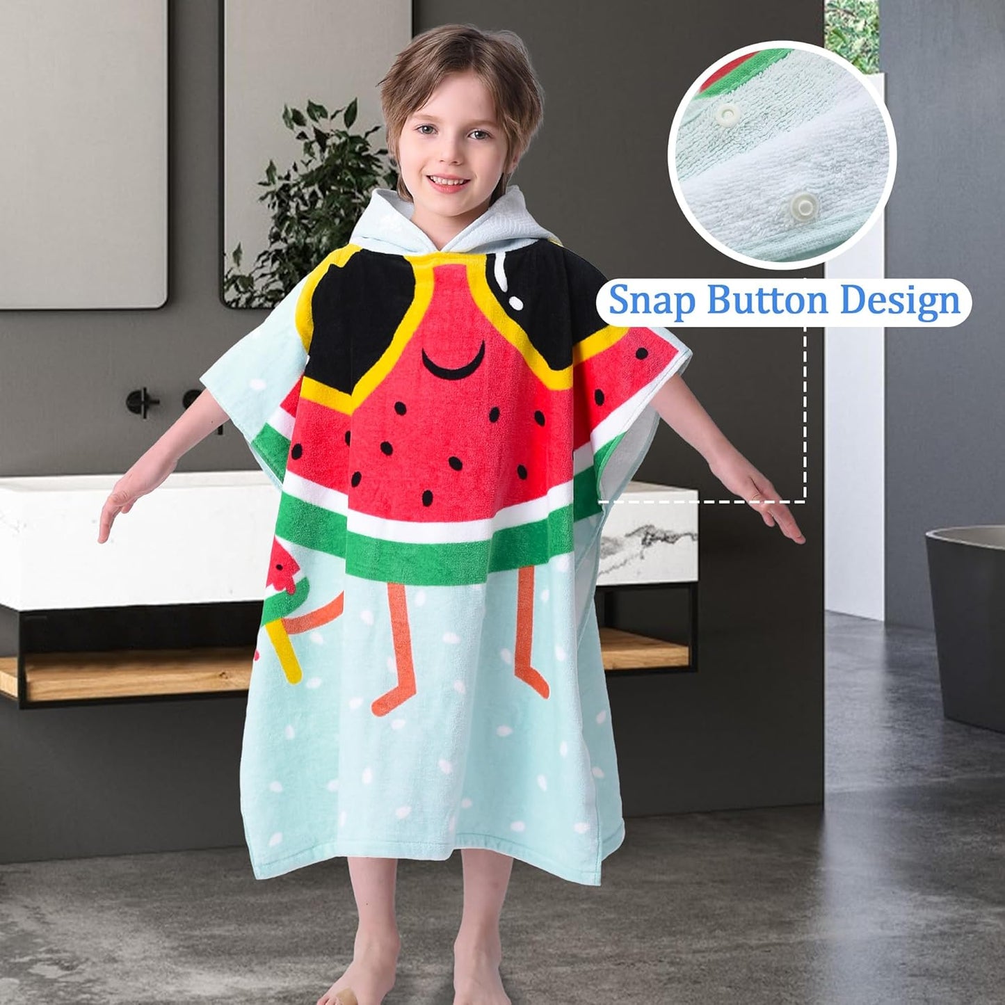 VOOVA & MOVAS Kids Beach Towels with Hood (4-8Years,28"X58") Super Absorbent Soft Cotton Bath | Pool Poncho Towel for Boys and Girls, Perfect for Summer | Swim | Gifts, Watermelon
