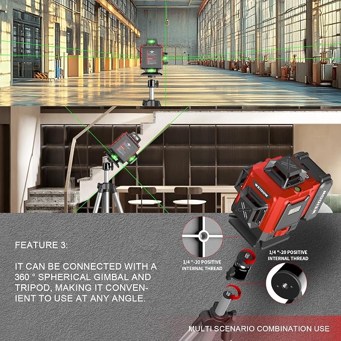WEIDDW Laser Level 360° Green Cross Line Self Leveling Laser Measuring Tool