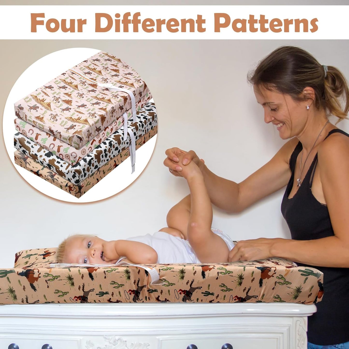 4 Pcs Western Stretchy Baby Changing Pad Covers for Boys and Girls Soft Diaper Changing Table Pad Cover Breathable Comfy Newborn Baby Cradle Sheets Bedding Nursery 32 x 16 x 5 Inch