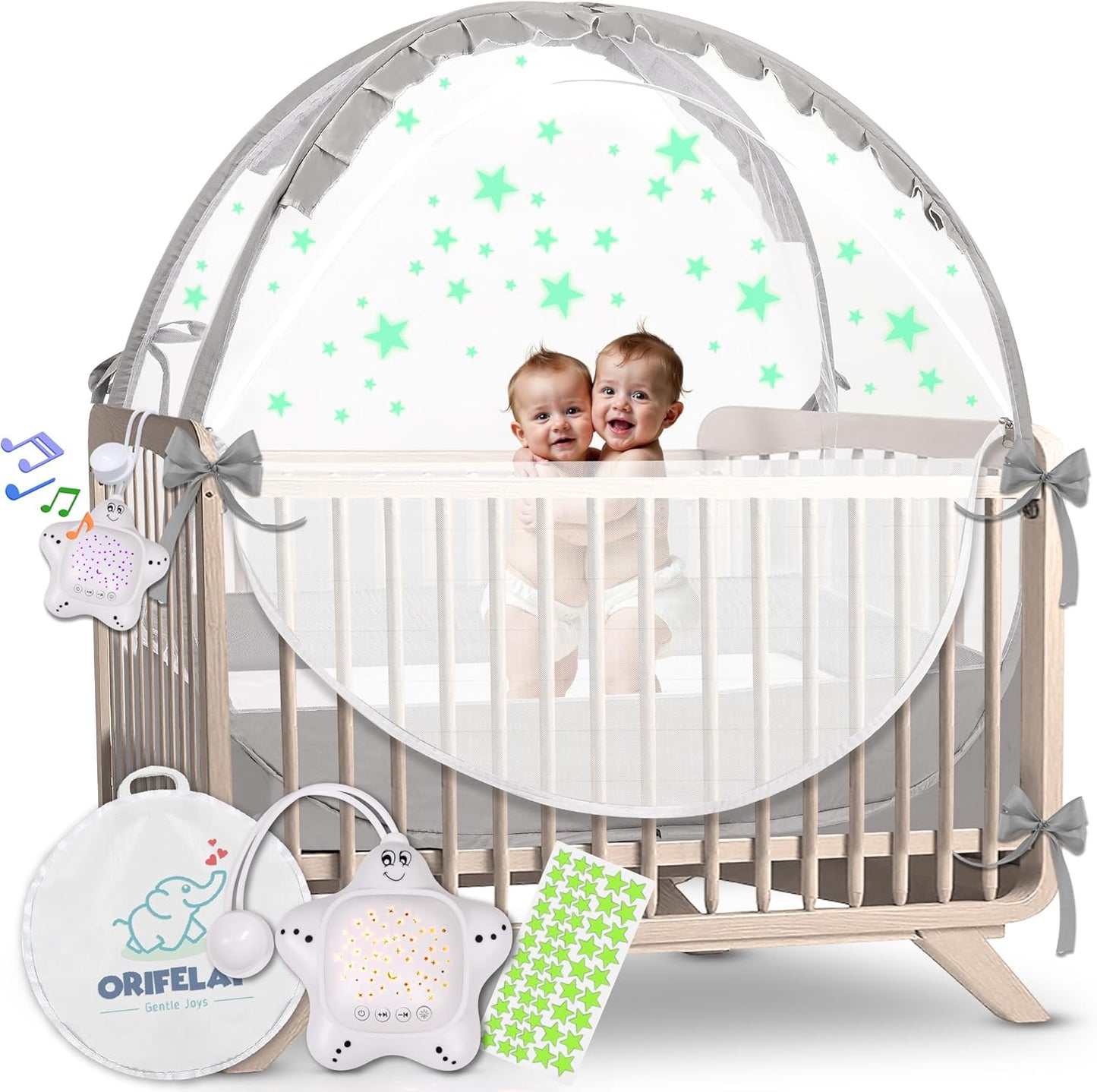 Baby Crib Tent - Toddler Bed Tent w/White Noise Machine, Wide Zipper Opening - Easy Setup Crib Cover w/Glow in The Dark Stickers & Custom Multi Color Light, Breathable Mesh Cribs Net (Gray)