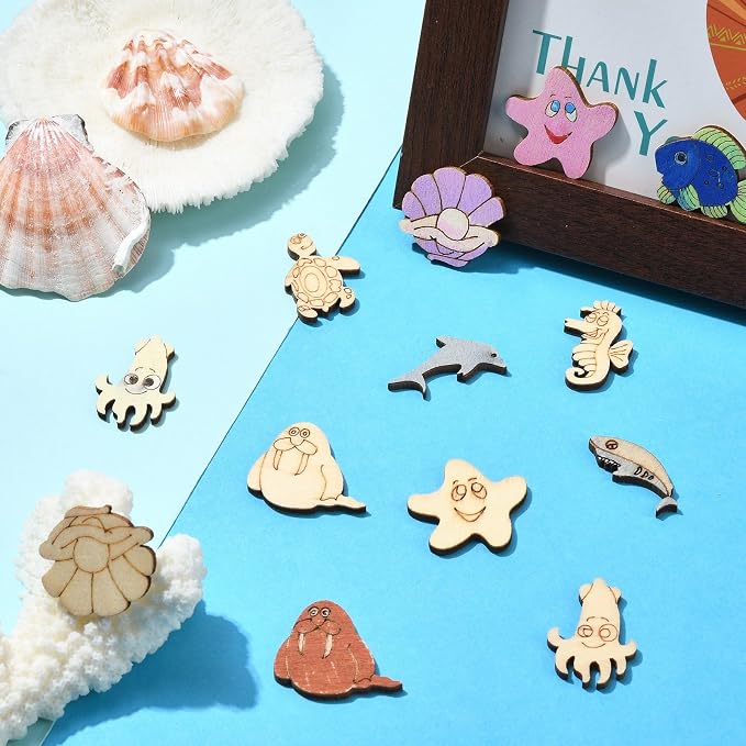 200 pcs Mixed Styles Ocean Animal Theme Undyed Wood Cutout Charms Octopus