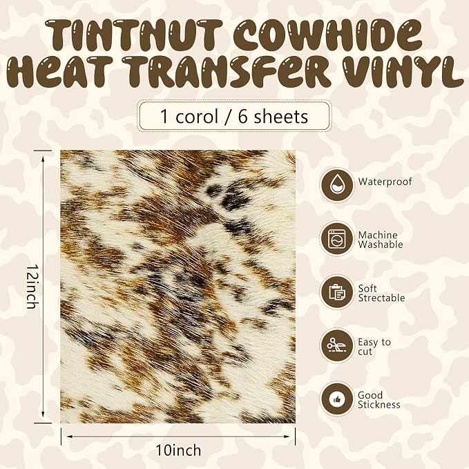 Tintnut Light Brown Cowhide Heat Transfer Vinyl, easy cut & weed, stretch
