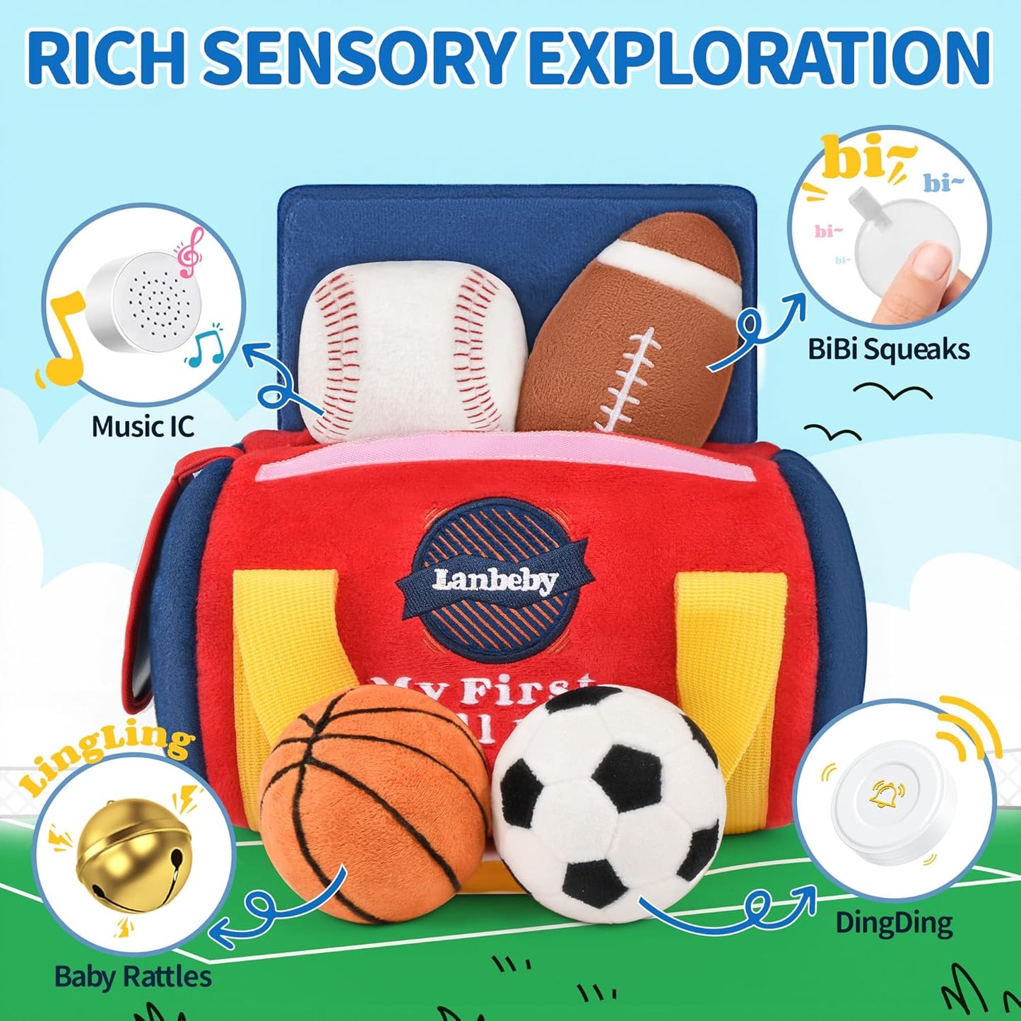Baby Boy Toys 6-12 Months – My First Sports Bag Musical Infant Toys with 4 Sensory Balls – Basketball, Football, Baseball, Soccer – Rattle, Squeaker, Mirror for 3-6-9-12 Month Old Baby Christmas Gifts