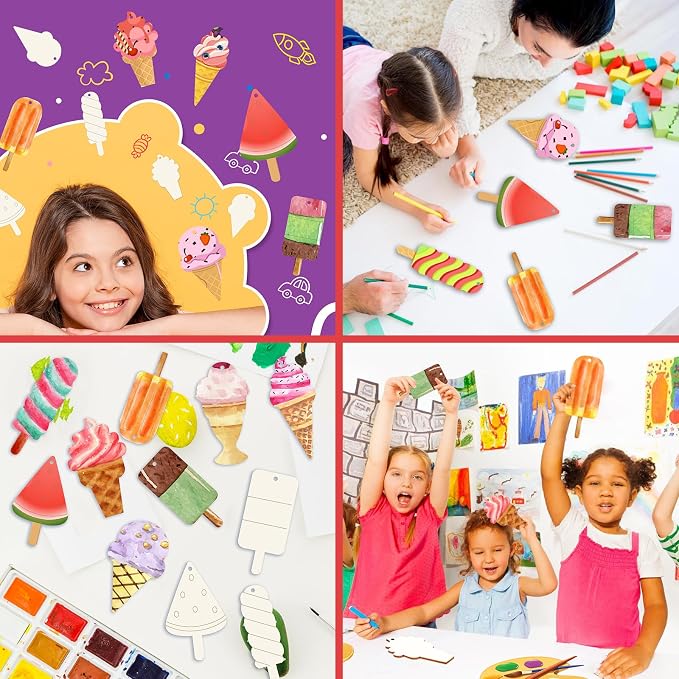 40Pcs Ice Cream Unfinished Wooden 8 Style Cutouts Ornaments DIY Craft Paintable