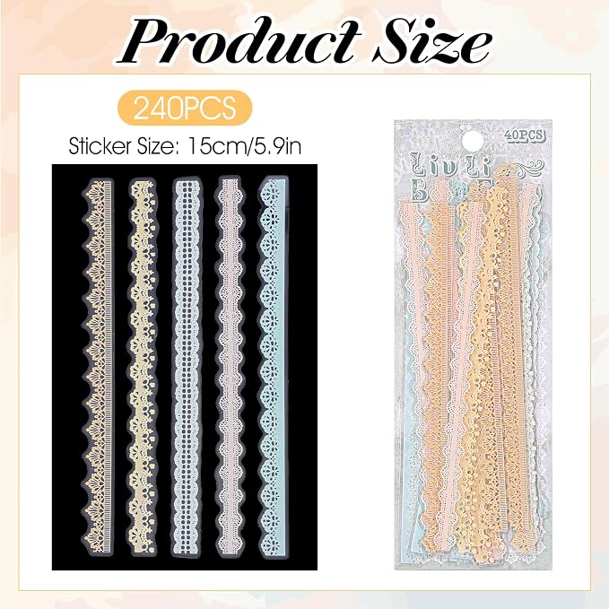 240PCS/6 Packs Lace Transparent Stickers, Vintage PET Lace Scrapbooking