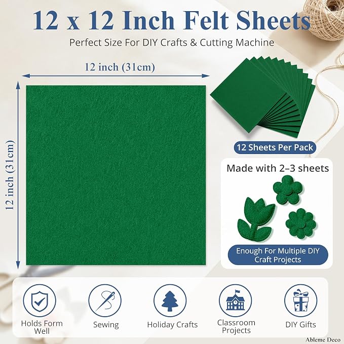 12"x12" Felt Sheets for Crafts, 2mm Stiff Felt Fabric Kelly Green | 2mm Thick