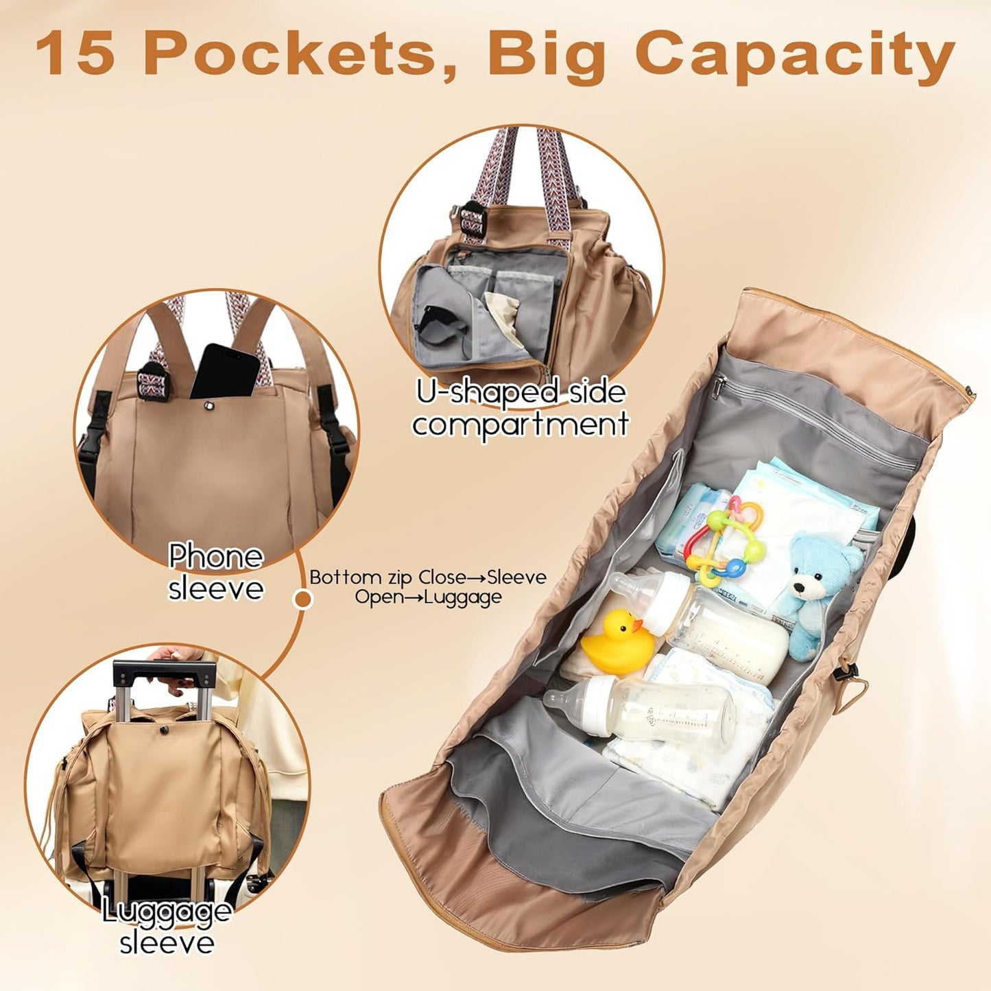 DAMARI Diaper Bag Tote for Moms Dads, Large Capacity Baby Diaper Bag, Wide-Open Mom Bag with 15 Pockets