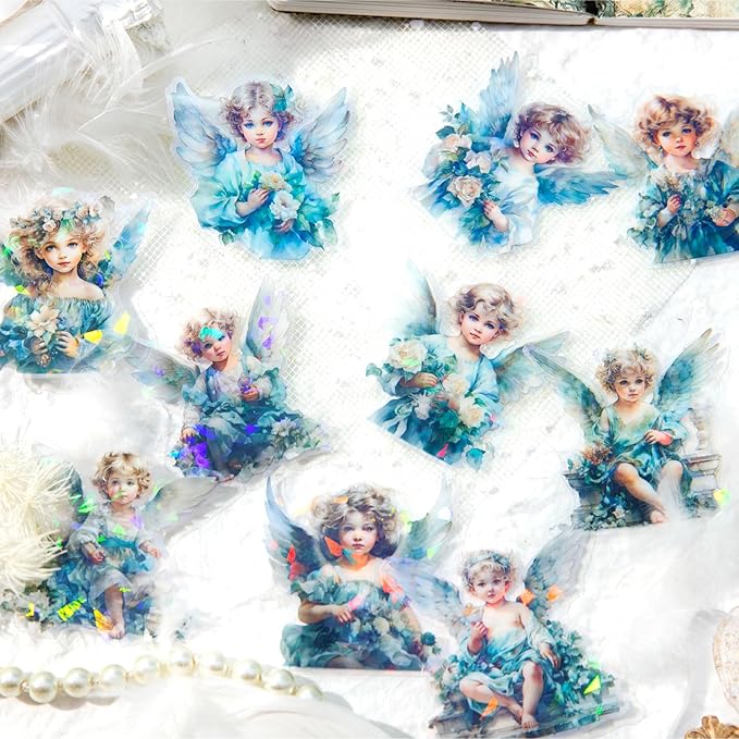 60-Piece Vintage Holographic Cherub Angel Fairy Scrapbook Stickers – Waterproof