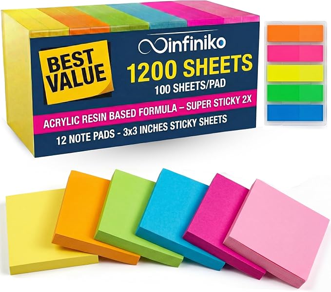 Sticky Notes 3x3 – 2026 Improved Adhesive, Very Very Sticky & Bright Neon
