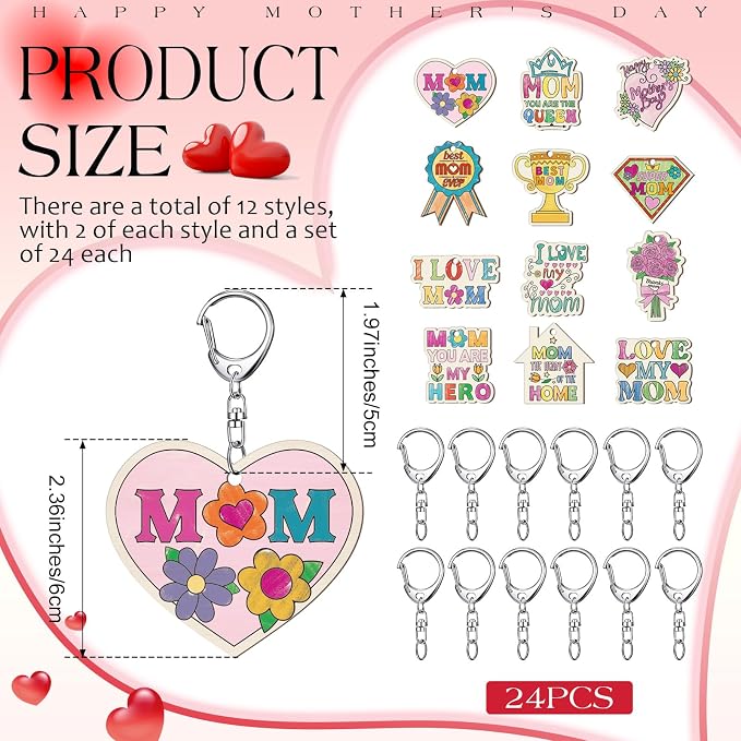 RattanView 24 Pcs Mom Craft Color Your Own Keychains Diy Craft Wooden Blank