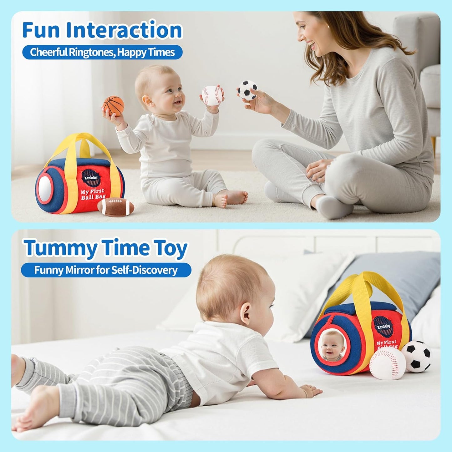 Baby Boy Toys 6-12 Months – My First Sports Bag Musical Infant Toys with 4 Sensory Balls – Basketball, Football, Baseball, Soccer – Rattle, Squeaker, Mirror for 3-6-9-12 Month Old Baby Christmas Gifts