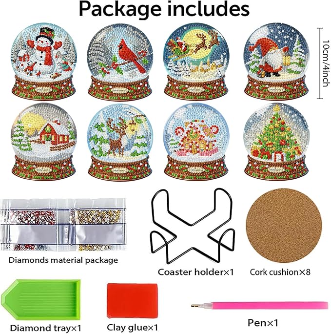 8 PCS Christmas Diamond Art Coasters Kits Snowball Diamond Painting Coaster |