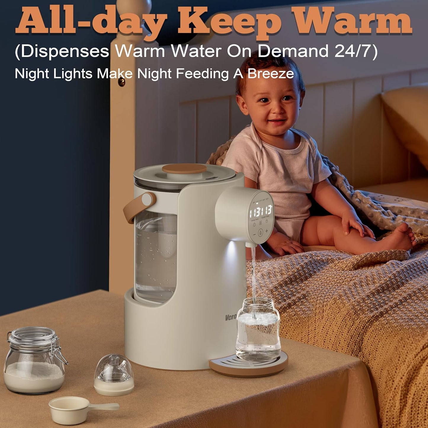Instant Water Warmer, 2L Baby Formula Dispenser, 5 Temperature Control & 7x24H Keep Warm, Baby Bottle Warmer with Night Light, Hot Water Dispenser for All Bottles, Detachable Glass Tank