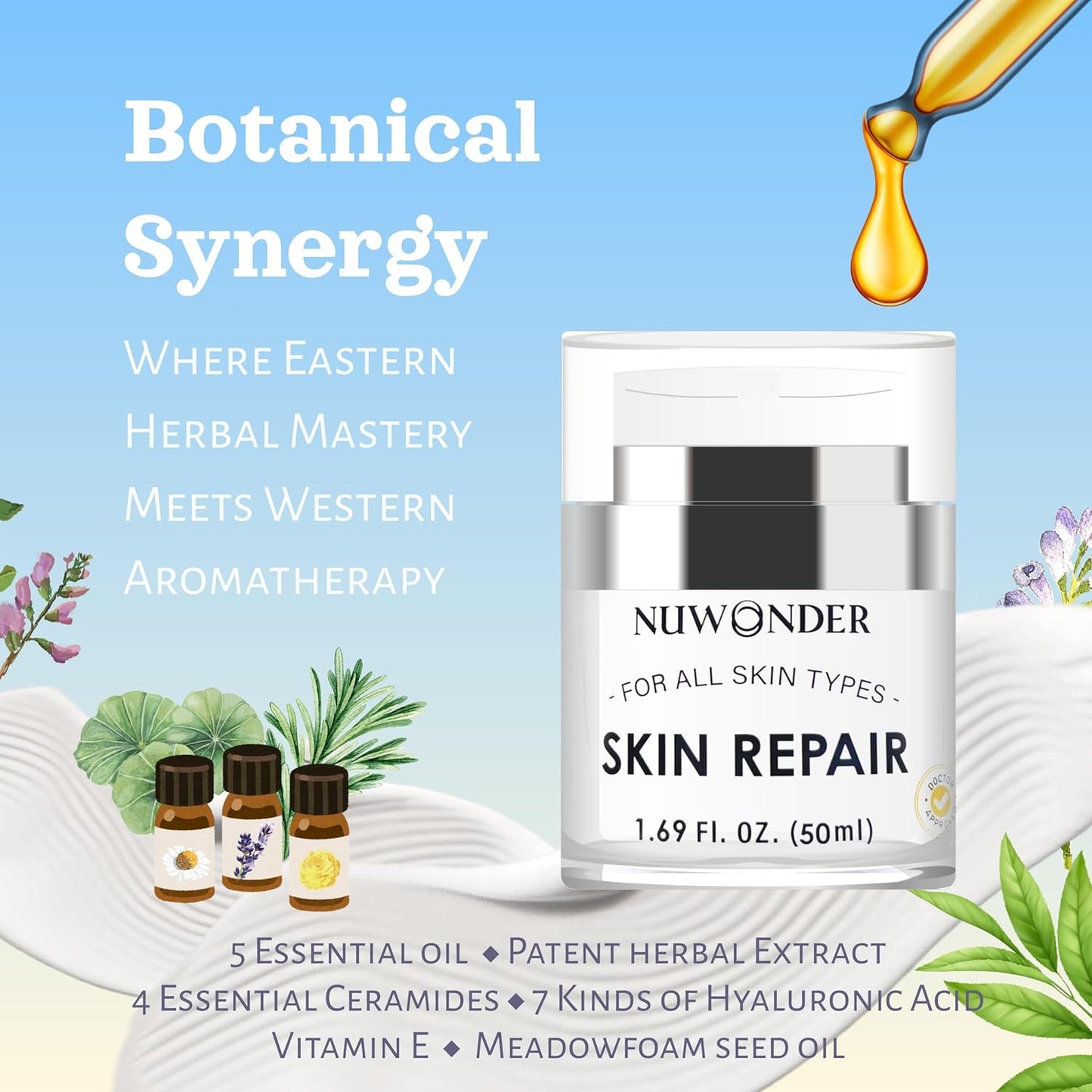 Natural SKIN REPAIR. Clinically tested Aromatherapy. Powerful Essential Oil. Eczema, Dermatitis, Diaper rash, and Sensitive skin. For all skin types. Hypoallergenic, Vegan, Paraben Free. 50ml bottle