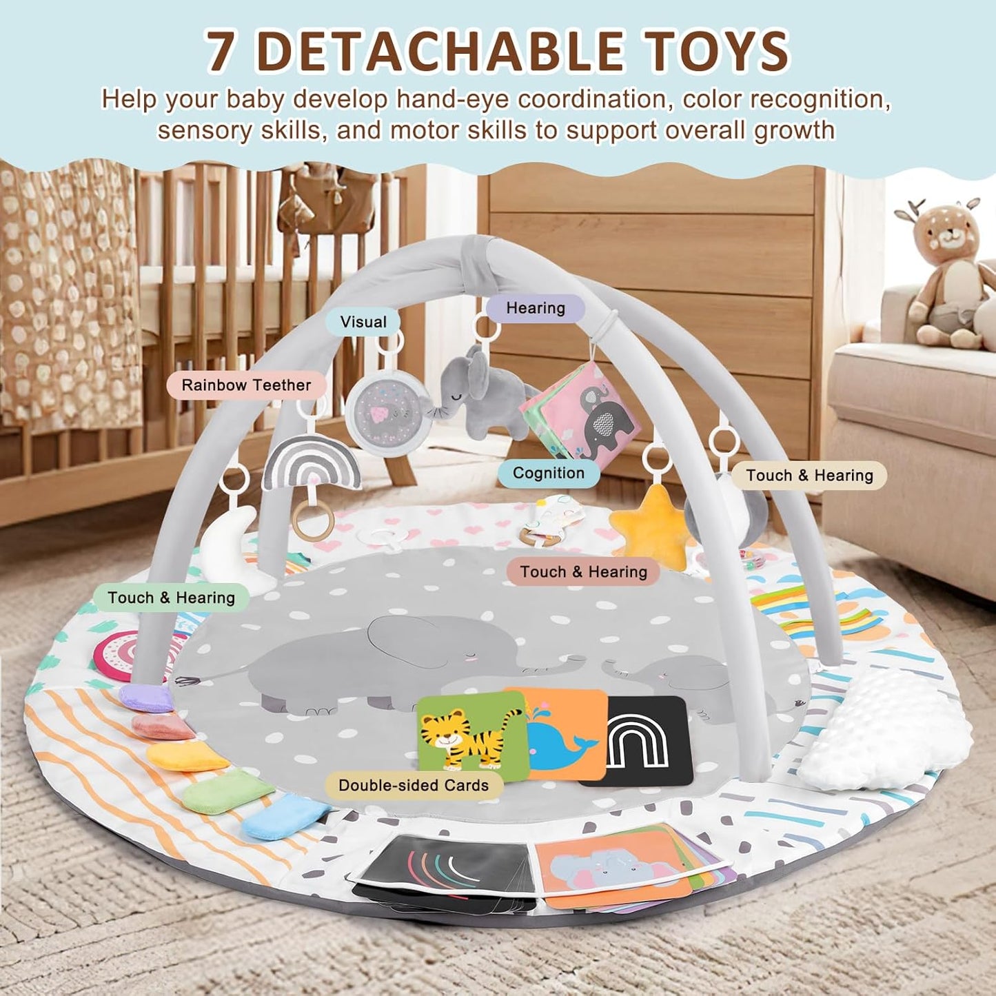 Baby Play Gym & Activity Mat, Tummy Time Mat with Tummy Time Pillow 7 Detachable Sensory Toys and Educational Cards for Motor Skills & Sensory Development, Baby Essentials Shower Gift, Grey Elephant