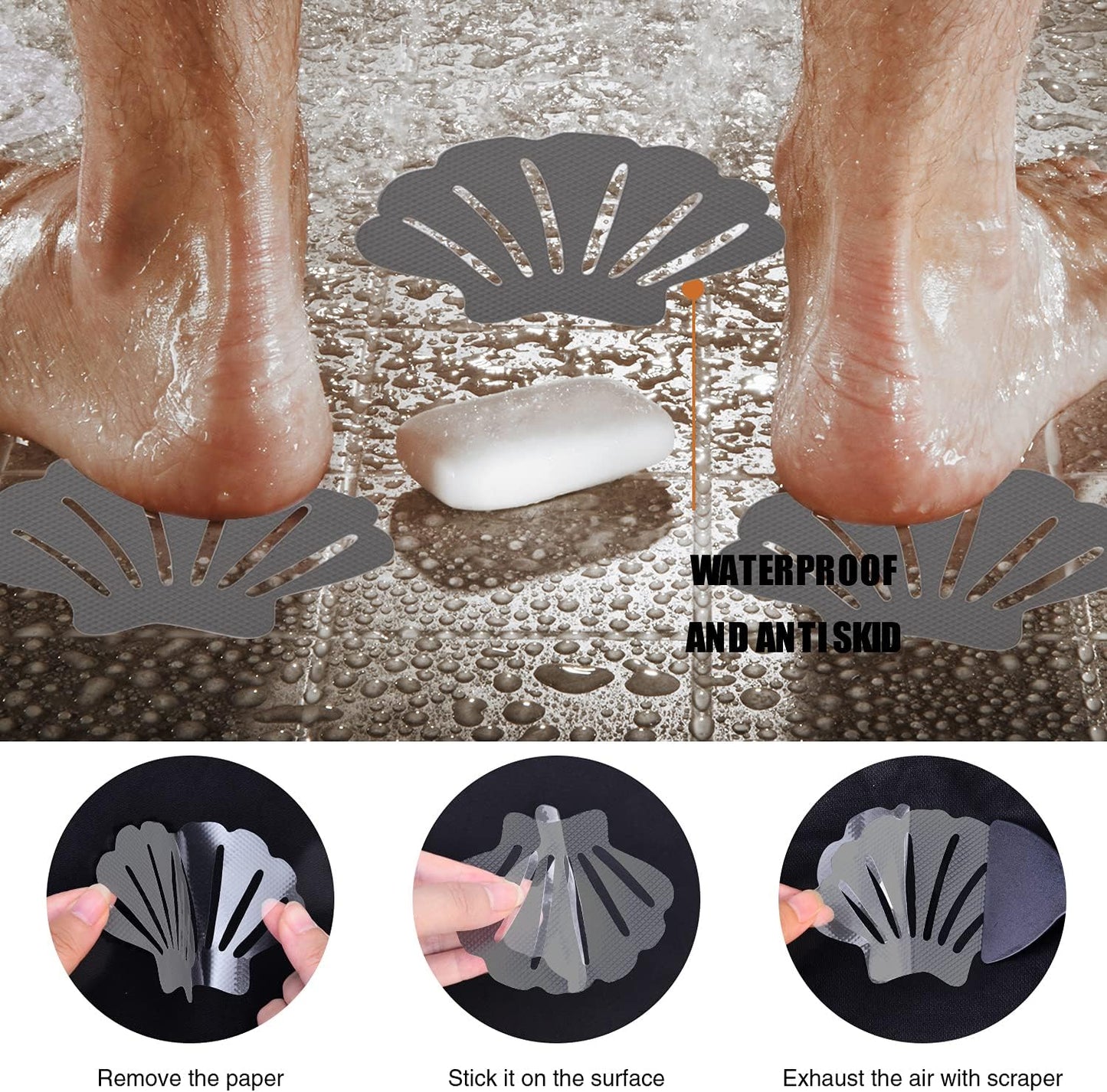 Non-Slip Bathtub Stickers, 24 PCS Shell Safety Bathroom Tubs Showers Treads Adhesive Decals Scraper (Gray)