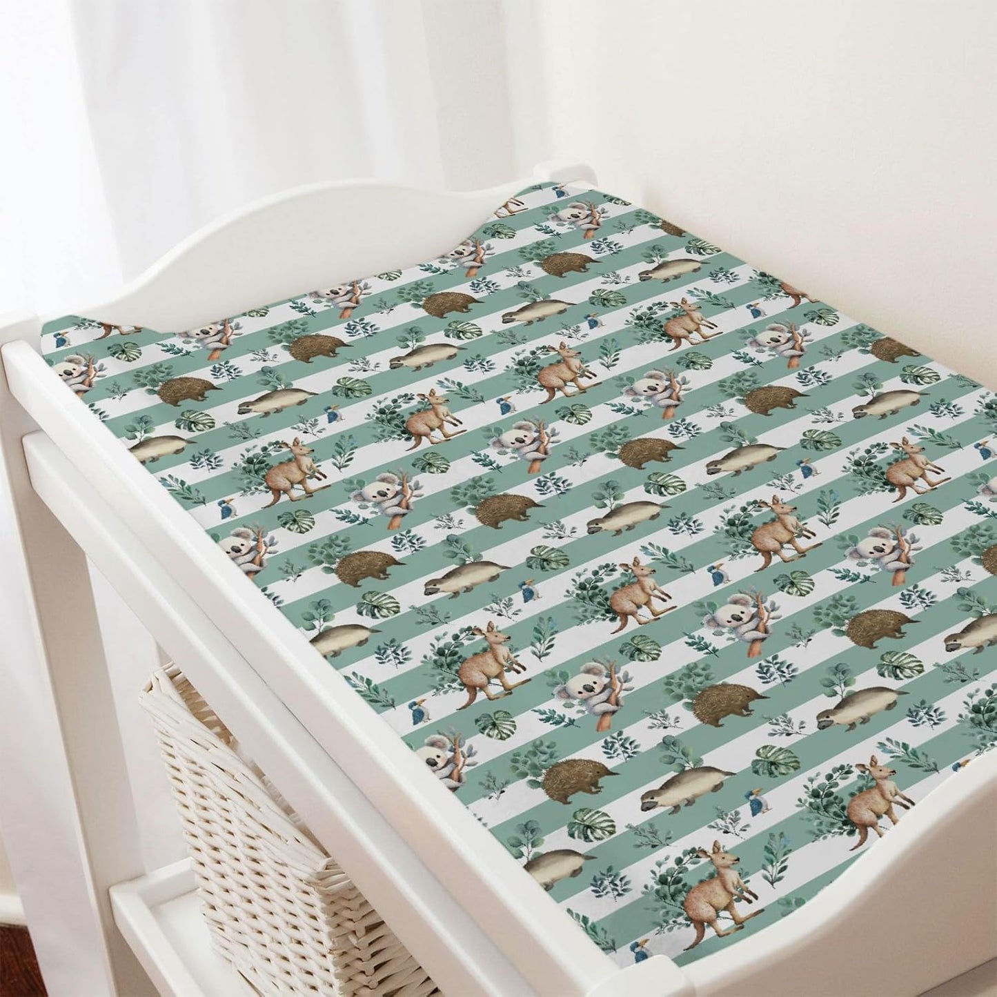 Baby Australian Animals Baby Changing Pad Covers for Boy Girl 32''x16'' Cute Koala Green Tropical Leaves Fitted Diaper Change Table Sheets Baby Animals Stripes Soft Breathable Baby Changing Table Mats