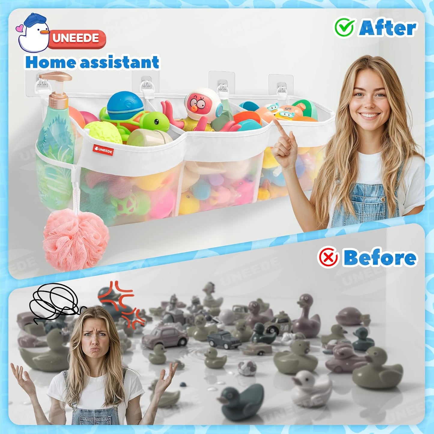 UNEEDE 3 Compartment Horizontal Bath Toy Organizer for Tub,Extra Large Capacity 4.95 Gallons Bath Toy Storage Holder,Mesh Quick Dry Bathtub Storage and Organizer,Easy Access Baby Bathtub Holder