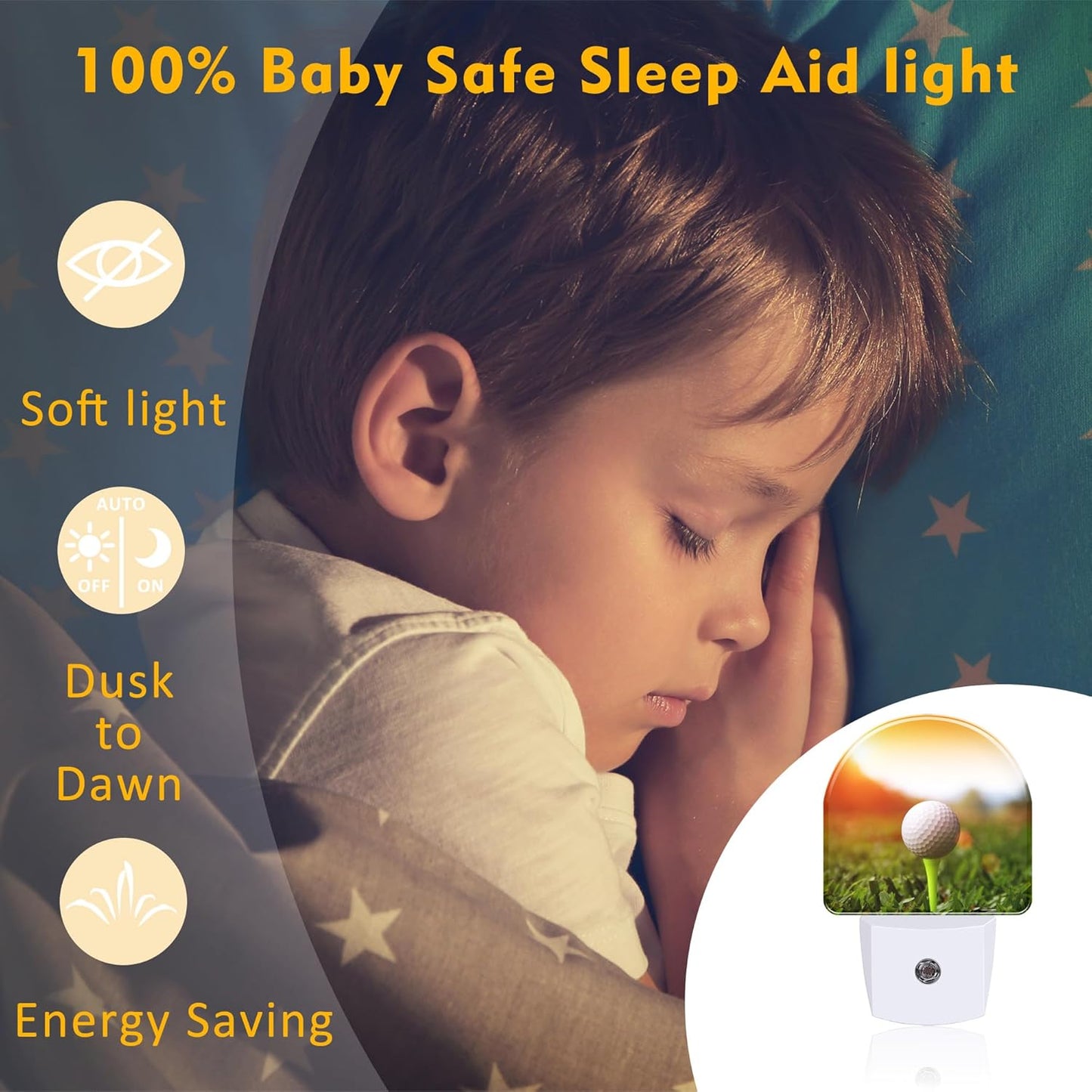 Golf Ball on tee Night Light, Green Grass Sunset Dusk to Dawn Night Light Plug into Wall,0.5w Energy Saving Sleep Friendly NightLight for Kids Boys Girls Hallway Stairway Bedroom
