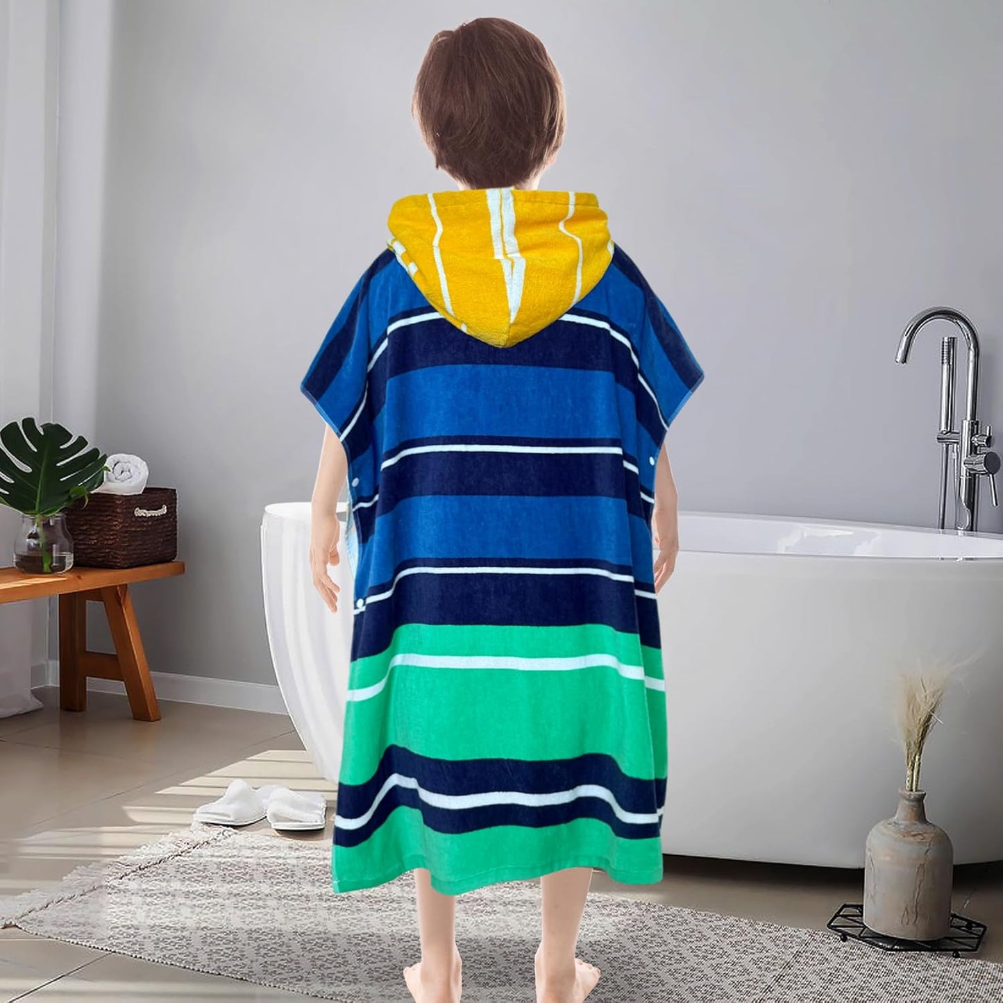 VOOVA & MOVAS Hooded Poncho Towels for Big Kids, Oversized (6-12Years,26"X64") Made from 100% Soft Cotton,Absorbent Bathrobe for Boys,Perfect for Pool| Swimming | Bathing | Beach, Blue Stripe