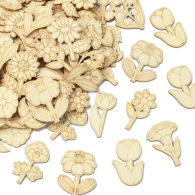 100 pcs Mixed Styles Cute Flower Theme Unfinished Wooden Cutout Charms