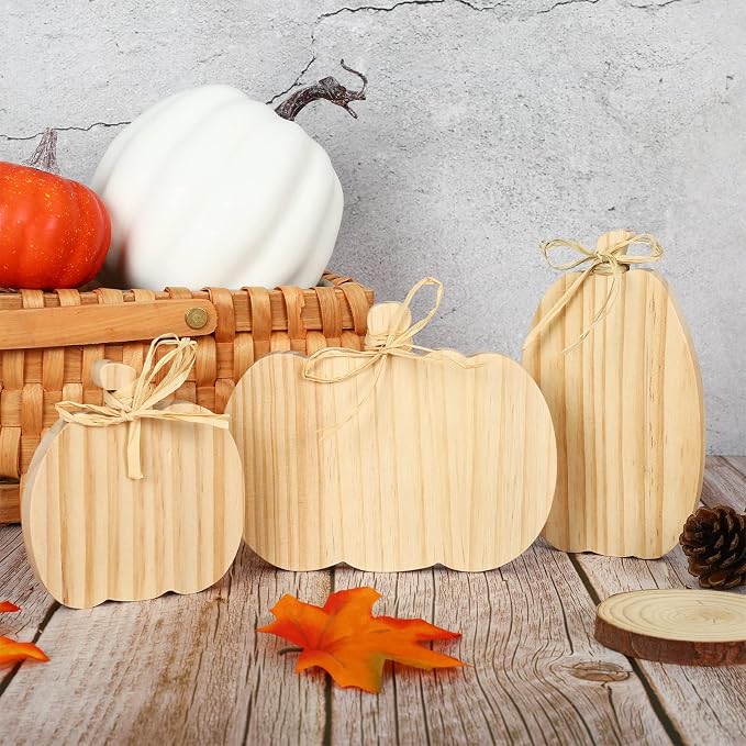 Whaline 3Pcs Unfinished Fall Pumpkin Wooden Cutout