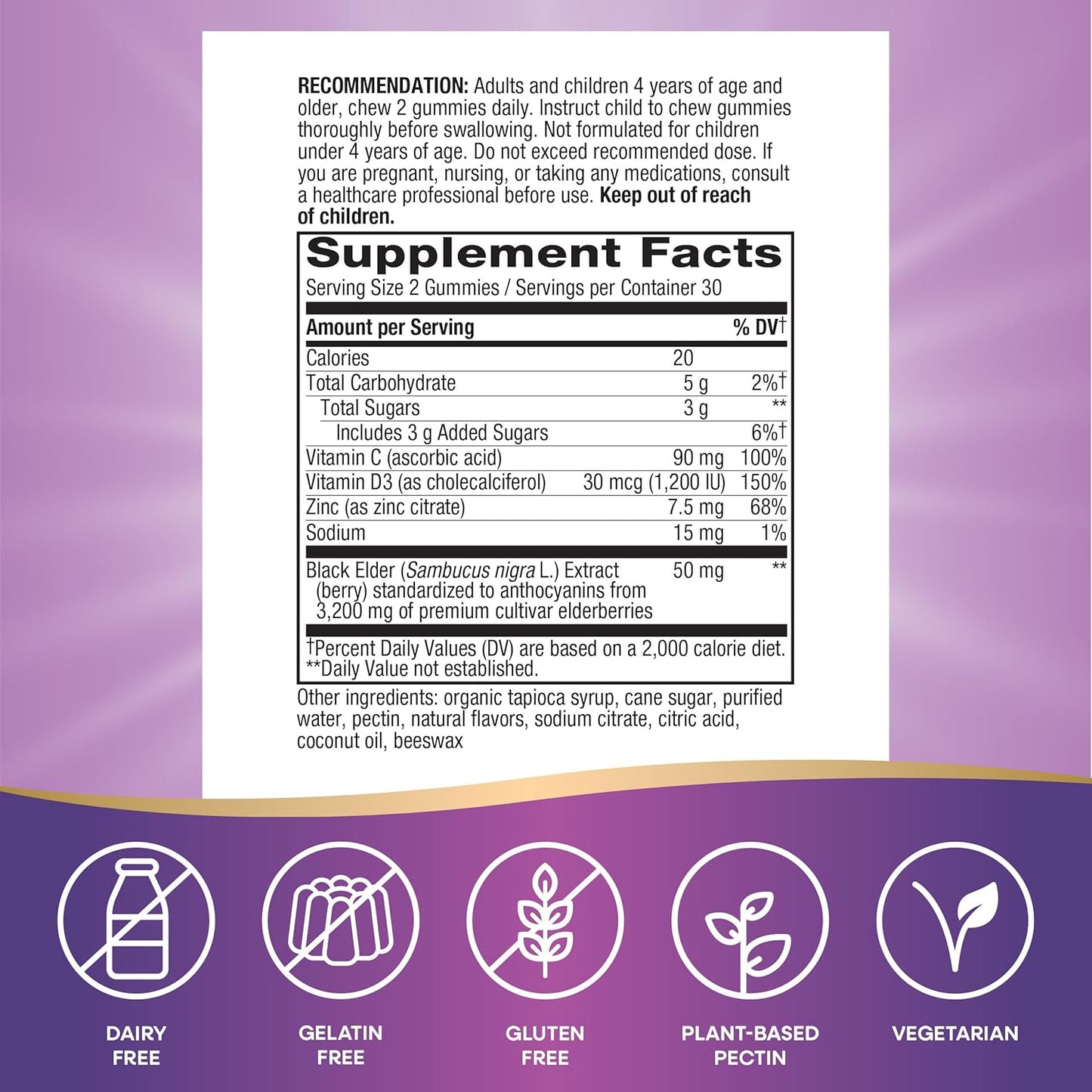 Nature’s Way Sambucus Elderberry Immune Support Gummies for Kids & Adults* with Black Elderberry Extract, Vitamin C, Vitamin D3, and Zinc, 60 Gummies (Packaging May Vary)