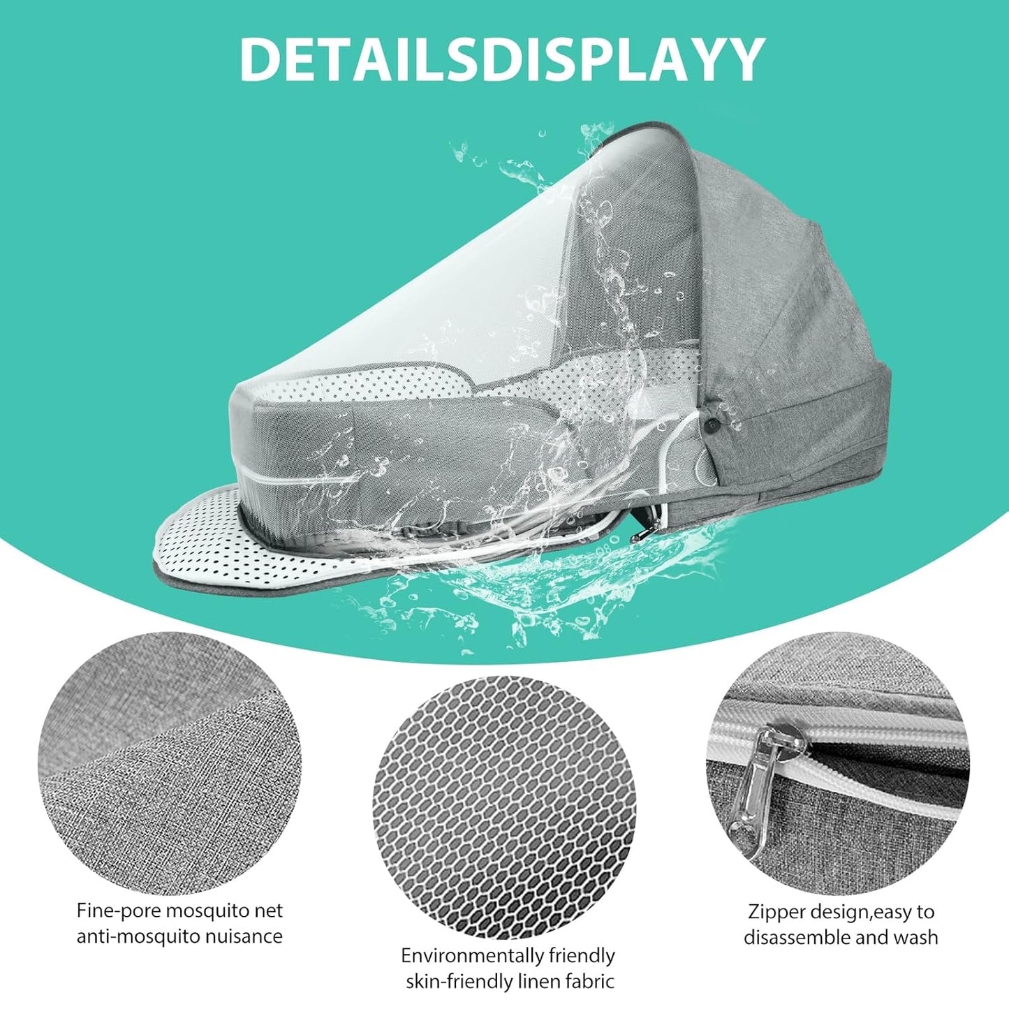 Portable Bassinet for Baby Travel Lounger Foldable Baby Co-Sleeping Bed with Mosquito net + Cool mat Carry Bag & Storage Pocket ()