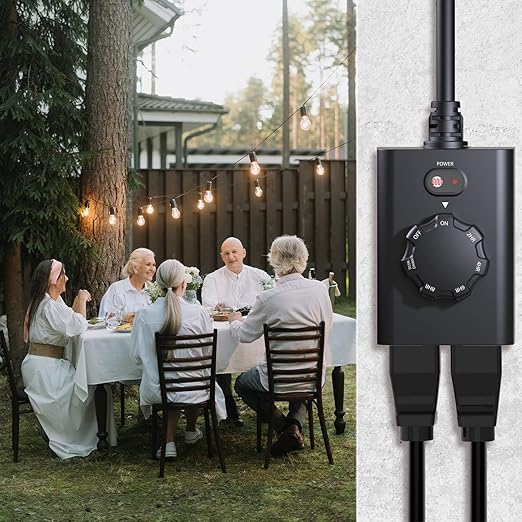 Minoston Outdoor Timer for Lights 2 Pack, Dusk Dawn Outdoor Timer Outlet 2, 4, 6, 8 Hour with 2 Grounded Outlets, Outdoor Light Timer Weatherproof for Halloween Christmas Light, ETL Listed, (MP41T)