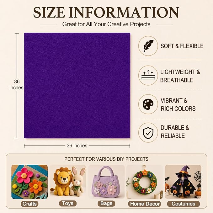 Purple Large Felt Fabric 36" x 36", 1.4 mm Soft Felt Sheet, Nonwoven Fabric