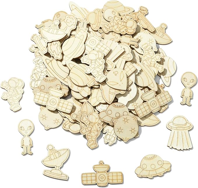100 pcs Mixed Styles Universe Theme Unfinished Wooden Cutout Charms Alien