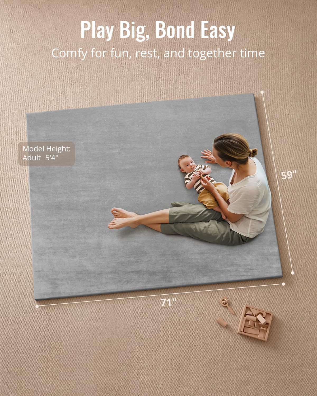 Blissful Diary Ultra Soft Baby Play Mat, 71x59 Extra Large Floor Mat with Removable & Washable Slip-On Cover for Babies and Toddlers, Light Grey