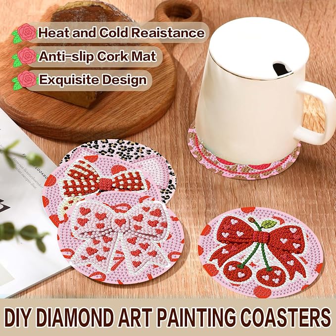 Axquilon 8 Pcs Pink Bow Diamond Art Coasters Kit