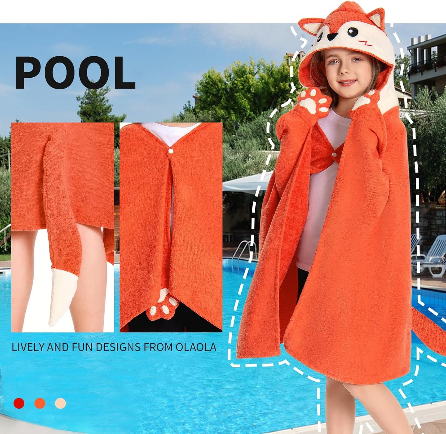 OLAOLA Fox Hooded Towel for Kids 3-12 Years, 28" x 53" Soft Thick Absorbent Beach Towels, Toddler Bath Towel Wrap Swim Pool Towels Poncho for Boys Girls