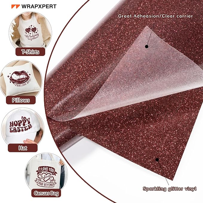WRAPXPERT Maroon Glitter Heat Transfer Vinyl Roll, Holographic Glitter Wine Red