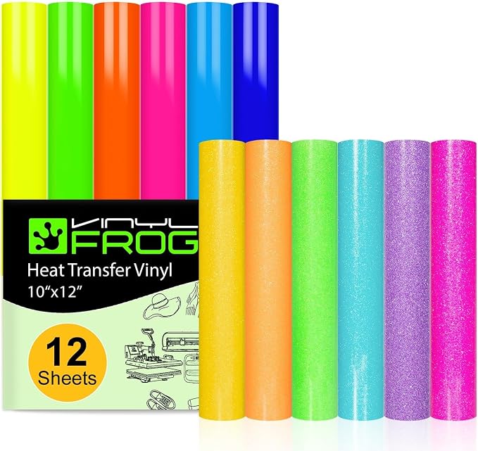 VINYL FROG Neon HTV Vinyl PU Fluorescent and Glitter Heat Transfer Vinyl Bundle