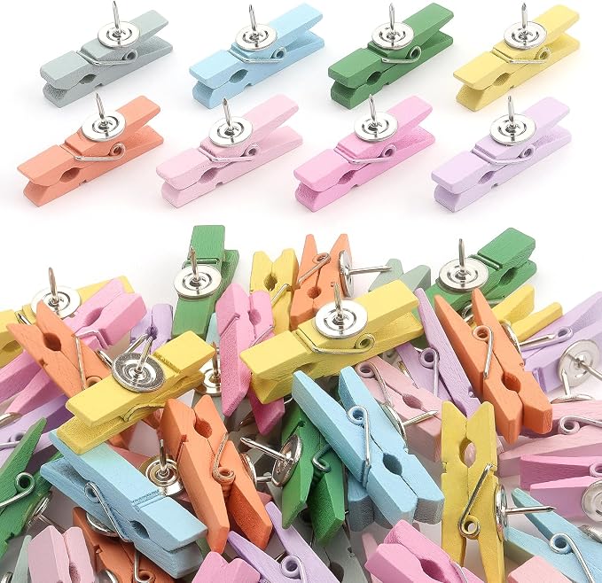 50 PCS Wooden Clips Push Pins Tacks