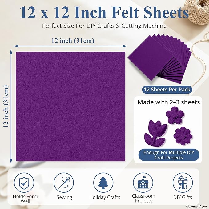 12" x 12" Felt Sheets for Crafts, 2mm Stiff Felt Fabric, Polyester Felt Squares