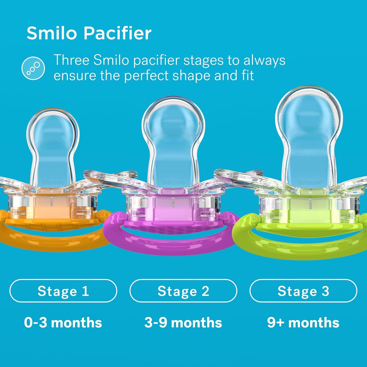 Smilo Baby Pacifier with Orthodontic Design for Healthy Dental Development - Stage 2 for Babies 3-9 Months - Pack of 3X 100% Silicone Pacifiers BPA Free - Aqua Blue