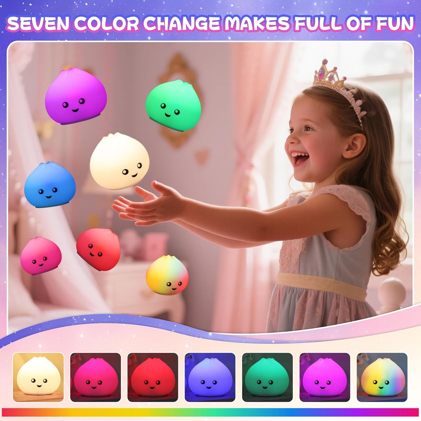 Night Light for Kids, Rechargeable Dimmable Silicone LED Nightlight with 7 Colors, Baby Nursery Night Lamp, Touch Squishy Lamp, Cute Gifts for Girls, Boys, Toddler Room Decor, Dumpling