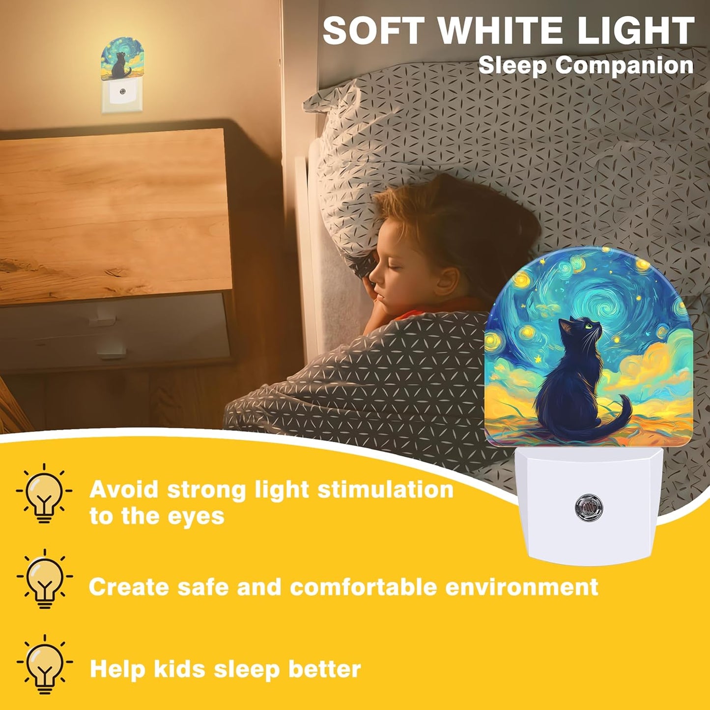 Night Lights Plug into Wall Black Cat Watching Starry Night Night Light Dusk to Dawn Smart Sensor Decorative Round Led Lamp for Bedroom Kitchen Hallway Nightlight for Women Men