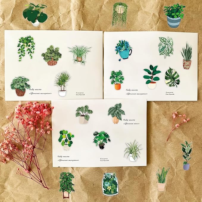 50PCS Green Plant Transparent Stickers, Potted Plant Floral Decals Stickers