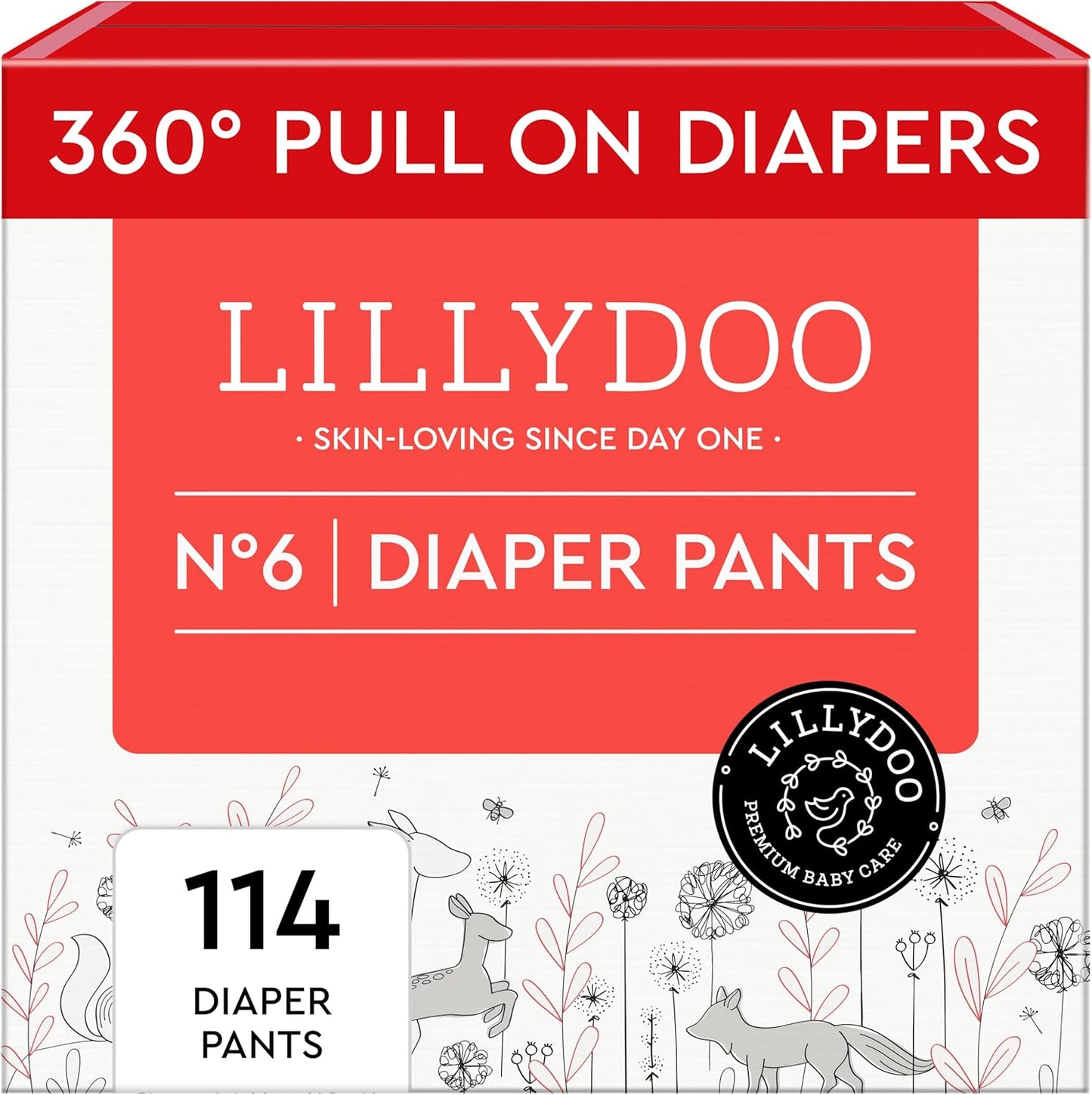 LILLYDOO Diaper Pants Toddlers - Size 6 (29+ lbs), Monthly Supply (114 Count), Skin-Friendly, Ultrasoft, Chlorine-Free, Snug Fit & Absorbent Pull On Diapers