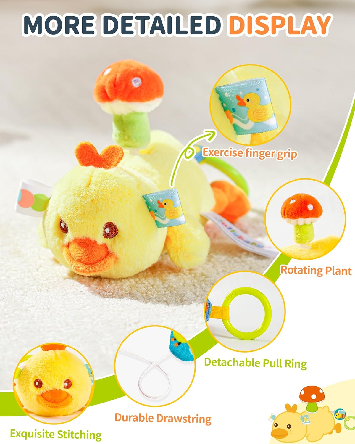 Jollybaby Baby Rattles & Soft Plush Spinner Toy for Babies 0-3-6-12 Months, Sensory Developmental Toys for Newborn 0-2-4-7-8-9 Months, Baby Shower & Birthday Gifts - Duck